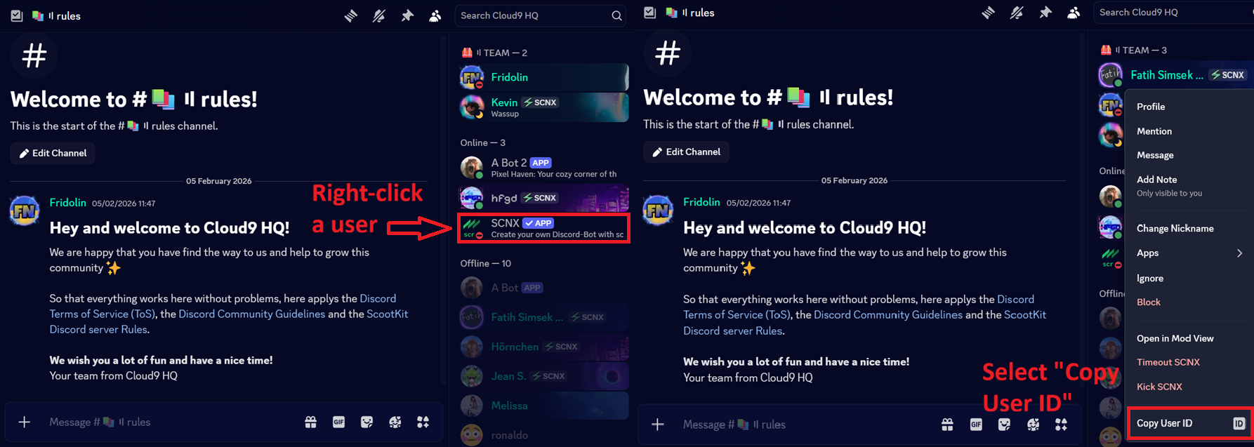 Screenshot showing how to right-click a user and select Copy User ID