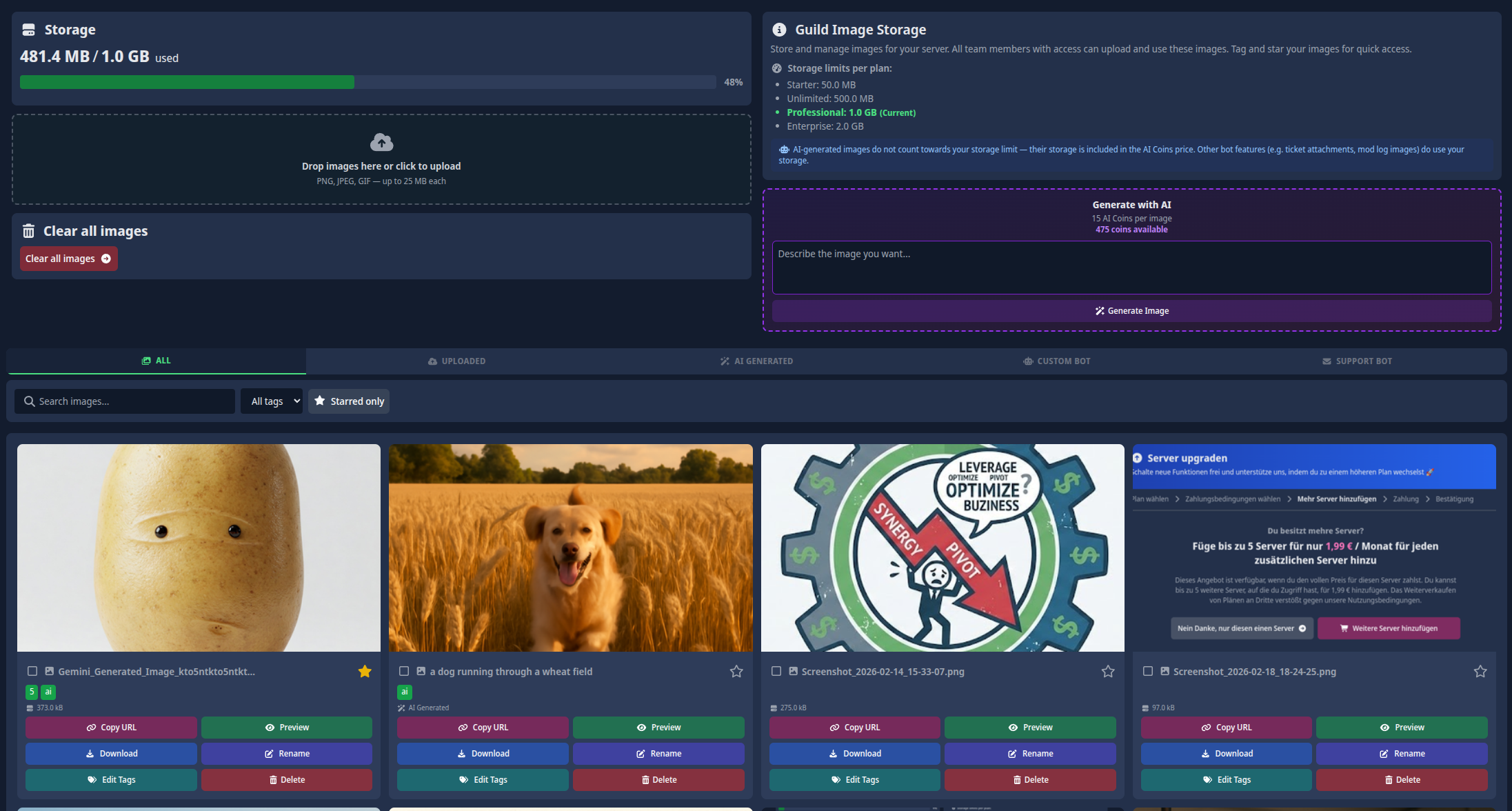 Screenshot of the library gallery showing files and the storage progress bar