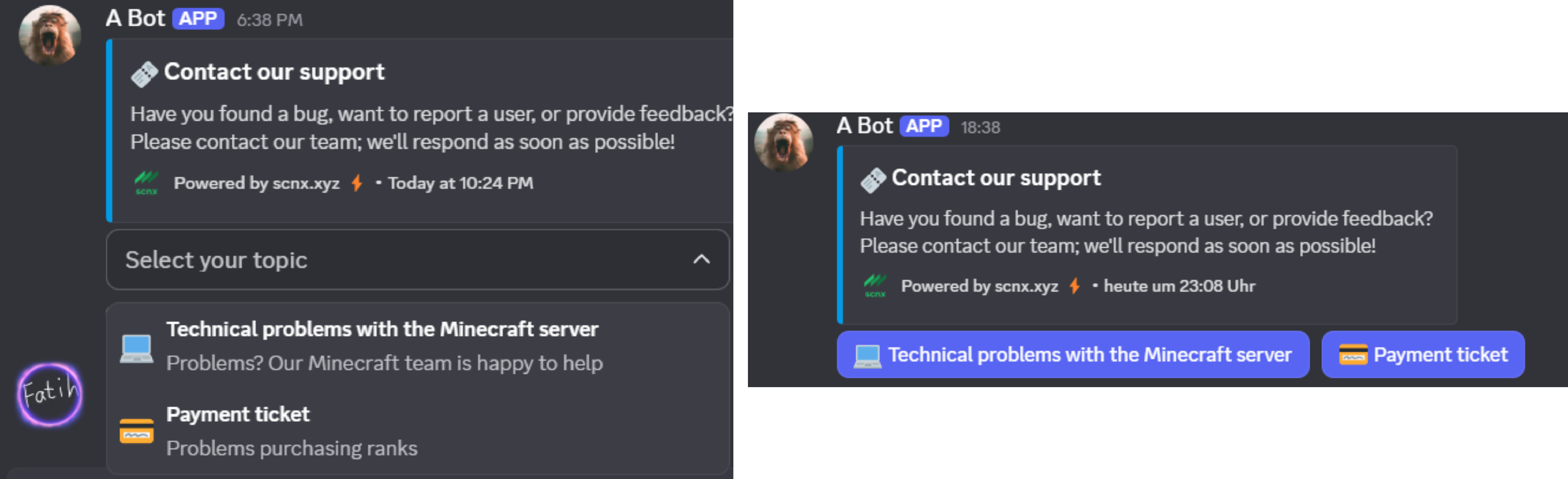 A screenshot showing different opening message configurations in Discord