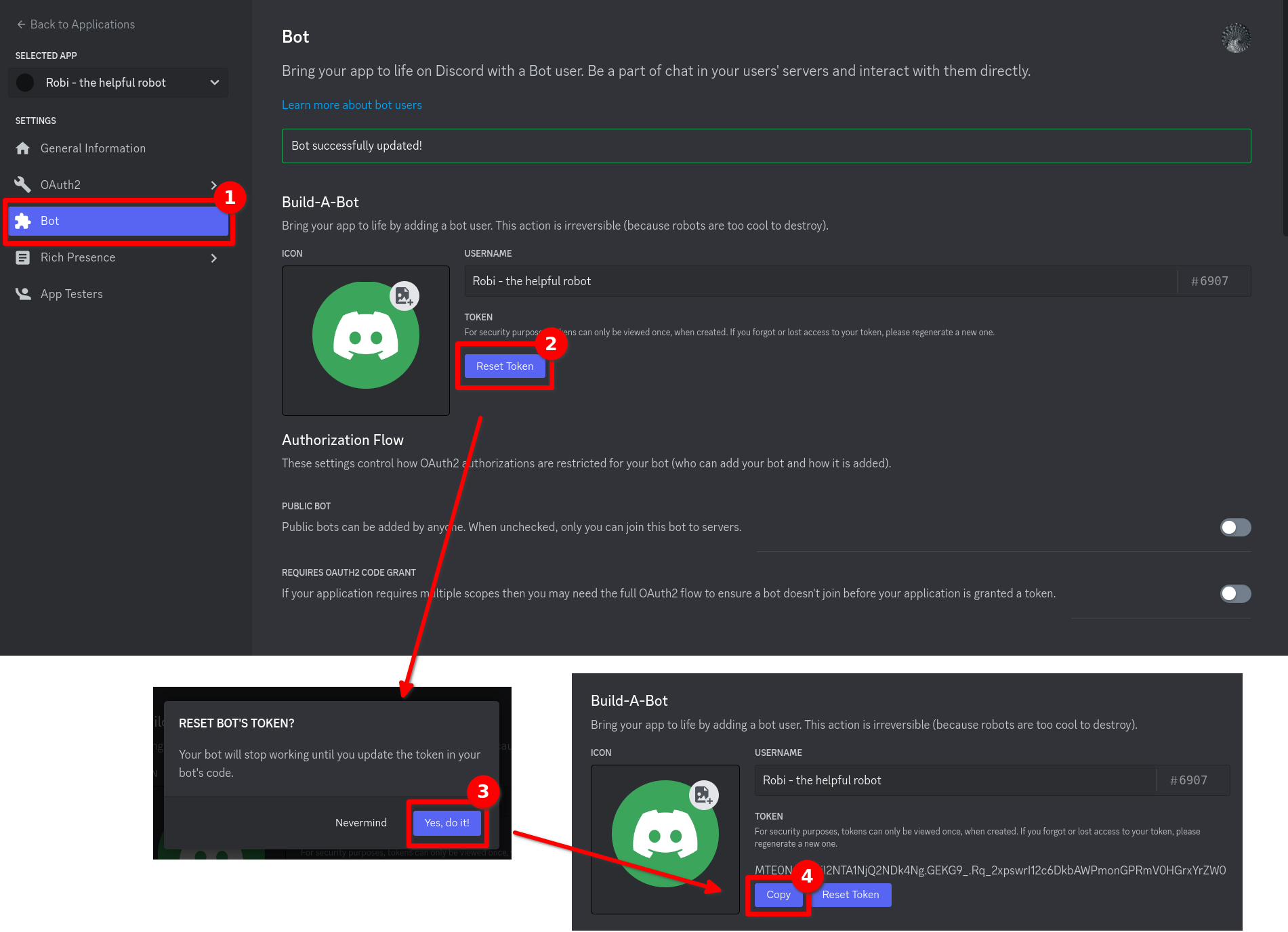 Dieser Screenshot zeigt, wie man das Bot Secret generiert und kopiert